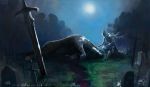  1boy armor artorias_the_abysswalker blood cape dark_souls david_semsei full_armor full_moon gauntlets grass graveyard great_grey_wolf_sif helmet huge_weapon knight male_focus moon night night_sky one_knee planted_sword planted_weapon plume sad sky souls_(from_software) sword tombstone weapon wolf 