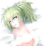  1girl bed breasts censored collarbone duel_monster green_eyes green_hair long_hair looking_away open_mouth ponytail ribbon smile solo topless wynn yu-gi-oh! 