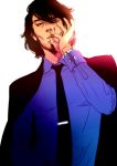  1boy bad_id bad_pixiv_id beard cigarette facial_hair jacket jigen_daisuke looking_at_viewer lupin_iii ma2 male_focus manly necktie open_clothes open_jacket shirt smoking solo watch white_background 