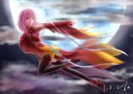  1girl bare_shoulders black_legwear breasts center_opening cleavage detached_sleeves elbow_gloves fingerless_gloves gloves guilty_crown hair_ornament hairclip highres long_hair looking_away moon navel night night_sky pink_hair red_eyes sky solo thigh-highs twintails yuzuriha_inori 