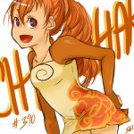  1girl artist_name bangs blush braid breasts brown_eyes character_name chimchar collarbone dress ears fang fingerless_gloves gloves happy legs luxrays nintendo open_mouth orange_hair personification pokemon ponytial simple_background small_breasts smile solo tongue white_background 