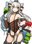  1girl amatsukaze_(kantai_collection) bikini black_bikini brown_eyes garter_straps hair_tubes innertube kantai_collection long_hair pupps rensouhou-kun silver_hair solo swimsuit thigh-highs two_side_up water_gun white_background 