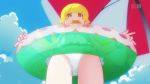  1girl beach_umbrella bikini blonde_hair blush_stickers clouds crotch doughnut food from_below hanamonogatari innertube long_hair looking_at_viewer looking_down monogatari_(series) mouth_hold official_art oshino_shinobu pointy_ears screencap sky solo standing swimsuit thigh_gap thighs white_bikini white_swimsuit yellow_eyes 