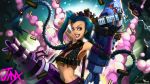  1girl ammunition_belt bikini_top blue_hair braid bullet character_name explosion explosive fingerless_gloves flat_chest fringe gatling_gun gloves grenade gun hairline handgun highres jinx_(league_of_legends) league_of_legends lips lipstick long_hair makeup making_of minigun mismatched_gloves missile nail_polish neo-tk.. nose red_eyes shell_casing solo tattoo twin_braids very_long_hair wallpaper watermark weapon web_address 