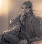 1boy cross cross_necklace fate/stay_night fate_(series) jewelry kotomine_kirei long_coat muted_color necklace sitting solo taa_(acid) 