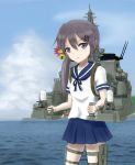  1girl akebono_(jmsdf) akebono_(kantai_collection) anger_vein bell black_hair cannon fusou fusou_(fuso0205) hair_ornament highres japan_maritime_self-defense_force kantai_collection long_hair looking_at_viewer original personification phalanx_ciws school_uniform serafuku side_ponytail solo violet_eyes 