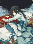  1girl apple black_background black_hair boots cartolaio corset darkness_in_wonderland dress flower food fruit jpeg_artifacts long_hair md5_mismatch petals red_eyes ribbon_trim rose snow_white_(grimm) snow_white_and_the_seven_dwarfs solo white_rose 