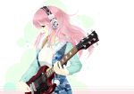  1girl breasts guitar headphones instrument large_breasts long_hair looking_at_viewer nitroplus open_mouth pink_hair playing_instrument pom_pom_(clothes) red_eyes smile solo super_sonico zoom_(artist) 