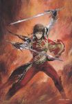  1boy brown_hair coattails dual_wielding kojima_ayami lu_xun male_focus official_art shin_sangoku_musou shin_sangoku_musou_7 solo sword tailcoat weapon 