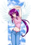  1girl armpits arms_up artist_request clothes_writing denim feathers jeans long_hair looking_at_viewer masaki_aeka_jurai midriff navel no_bra one_eye_covered panties pants pink_panties ponytail purple_hair red_eyes shirt sidelocks sky solo t-shirt tenchi_muyou! underwear unzipped very_long_hair white_wings wings 