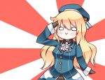  1girl :&gt; atago_(kantai_collection) blonde_hair blush chibi gigurudo_(gigld) hat kantai_collection long_hair military military_uniform o_o personification rising_sun salute solo sunburst uniform 