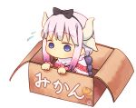  1girl bangs beads blue_eyes blunt_bangs box capelet commentary_request dragon_girl dragon_horns dress eyebrows_visible_through_hair flying_sweatdrops for_adoption hair_beads hair_ornament hairband hasheko horns in_box in_container kanna_kamui kobayashi-san_chi_no_maidragon lavender_hair long_hair on_box solo twintails 