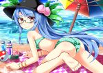  1girl 1up ass ball barefoot bespectacled bikini blue_hair bottle e.o. food fruit glasses hat hinanawi_tenshi long_hair looking_at_viewer looking_back peach red_eyes semi-rimless_glasses solo swimsuit touhou umbrella under-rim_glasses yin_yang 