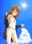  1girl absurdres bikini brown_eyes brown_hair clouds glasses highres jacket jacket_over_swimsuit kantai_collection ketagane long_hair looking_at_viewer mochizuki_(kantai_collection) navel semi-rimless_glasses sky solo sun swimsuit under-rim_glasses 