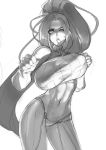  1girl abs bouncing_breasts breasts crop_top dungeon_and_fighter eu03 fighter_(dungeon_and_fighter) fighting_stance gloves high_ponytail huge_breasts long_hair midriff monochrome navel one_eye_closed sketch solo sweat taut_clothes toned torn_clothes very_long_hair 