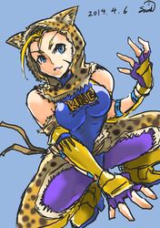  1girl absurdres ahoge alternate_costume animal_hood blonde_hair blue_eyes bodysuit breasts cammy_white cosplay dated elbow_gloves fingerless_gloves gloves highres hood huge_ahoge king_(tekken) leopard_print samidare_satsuki scar solo squatting street_fighter street_fighter_x_tekken tekken 