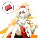  1girl absurdres animal_ears bare_shoulders blush breasts detached_sleeves eating food hat heikouidou_(seraeno) highres inubashiri_momiji looking_up meat panties pantyshot pom_pom_(clothes) red_eyes short_hair silver_hair sitting solo speech_bubble tail tokin_hat touhou underwear wolf_ears wolf_tail 