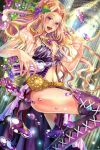  1girl :d armpits babydoll bad_id bare_shoulders belt blonde_hair boots breasts brooch cleavage food fruit gem grapes gunshin_shoukan_ark_knights jewelry leaning light_rays long_hair looking_at_viewer midriff navel necklace open_clothes open_mouth original pillar see-through smile solo stitches stomach sunlight sweetwitch thigh-highs thigh_boots violet_eyes water_drop 