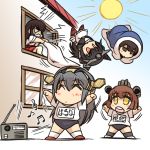  5girls ahoge akagi_(kantai_collection) angry bangs black_hair black_legwear blush boots bowing brown_eyes brown_hair chibi closed_eyes exercise futon hairband haruna_(kantai_collection) headgear hisahiko kaga_(kantai_collection) kantai_collection long_hair multiple_girls nagato_(kantai_collection) nontraditional_miko personification pleated_skirt radio red_eyes ribbon-trimmed_sleeves ribbon_trim side_ponytail skirt thigh-highs thigh_boots very_long_hair white_legwear wide_sleeves yukikaze_(kantai_collection) 