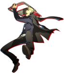  1boy angry belt black_eyes blonde_hair chair dark_persona delinquent fangs fighting_stance folding_chair jacket jacket_on_shoulders jolly_roger jumping long_sleeves looking_at_viewer male_focus megami_tensei official_art open_mouth pants persona persona_4 persona_4:_the_ultimate_in_mayonaka_arena piercing scar shadow_(persona) shin_megami_tensei shoes short_hair simple_background soejima_shigenori solo tatsumi_kanji transparent_background widow&#039;s_peak 