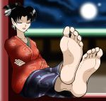  alternate_costume artist_request barefoot black_hair closed_eyes crossed_arms earrings eyeliner feet inuyasha japanese_clothes jewelry kagura_(inuyasha) kimono makeup pointy_ears sitting sleeping soles toes topknot 