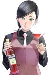  1girl bartender black_hair campari cocktail_glass commentary_request copyright_request cup drinking_glass green_eyes highres holding holding_drinking_glass lips looking_at_viewer necktie pao_(otomogohan) ponytail simple_background solo upper_body vest white_background 