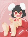  1girl animal_ears black_hair blush bunny_tail heart inaba_tewi kurotora03 lying on_back open_mouth rabbit_ears red_eyes solo tail touhou 