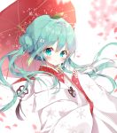  blush green_eyes green_hair hatsune_miku kimono long_hair parasol twintails vocalod yuki_miku 