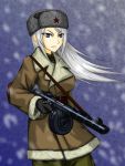  1girl belt black_gloves breasts dragoon_(dragon_w) earflap_hat fur_hat gloves gun hat long_hair original ppsh-41 red_army snowing solo strap submachine_gun uniform ushanka violet_eyes weapon white_hair winter_clothes world_war_ii 