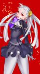  1girl alternate_color ass capcom_fighting_jam gloves grey_legwear hairpods heart highres ingrid kimuchi long_hair looking_at_viewer looking_back pantyhose pointing pointing_at_viewer red_eyes silver_hair skirt skirt_set smile solo tetsu_(kimuchi) toned 