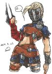  1girl absurdres ahoge alternate_costume arm_blade asymmetrical_clothes blonde_hair chains cropped_legs decapre highres huge_ahoge lock man_in_the_iron_mask mask medieval multiple_belts padlock parody pteruges red_eyes samidare_satsuki skirt solo street_fighter street_fighter_iv_(series) ultra_street_fighter_iv weapon 