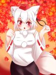  1girl animal_ears bare_shoulders blush breasts detached_sleeves fang hat inubashiri_momiji leaf leaf_background looking_at_viewer open_mouth pom_pom_(clothes) red_eyes short_hair silver_hair solo tail tokin_hat touhou wolf_ears wolf_tail 