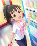  1girl artist_request black_eyes black_hair fukuyama_mai idolmaster idolmaster_cinderella_girls jpeg_artifacts official_art pants ponytail smile solo sweatband towel track_pants 