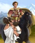  1girl 2boys alexander_the_great armor axis_powers_hetalia bucephalus cape civilization_(series) civilization_5 civilization_v clouds crossover greece_(hetalia) horse horseback_riding mountain multiple_boys pteruges riding scale_armor sherry_lai sky 