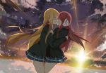  2girls backlighting blazer blonde_hair bow cheating closed_eyes clouds flower glasses hair_bow hair_flower hair_ornament hair_ribbon highres hug kiss long_hair multiple_girls netorare plaid plaid_skirt redhead ribbon sakura_trick school_uniform senya_fuurin skirt sonoda_mitsuki sun sunset takayama_haruka yuri 