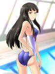  1girl ass black_hair brown_eyes competition_swimsuit highres idolmaster idolmaster_cinderella_girls indoor_pool indoors kurokawa_chiaki long_hair looking_at_viewer looking_back one-piece_swimsuit pool rei_no_pool ritsu_(tu9su4) solo swimsuit 