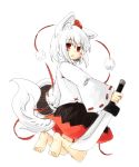  1girl animal_ears bare_shoulders barefoot blush detached_sleeves hat highres inubashiri_momiji kibisake long_sleeves looking_at_viewer open_mouth pom_pom_(clothes) red_eyes s_katsuo shield short_hair silver_hair simple_background solo sword tail tokin_hat touhou weapon white_background wolf_ears wolf_tail 