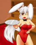  1girl animal_ears bare_shoulders breasts brown_eyes bunnysuit cleavage extra_ears fang hand_on_hip inubashiri_momiji kunoo_(unnyuu) looking_at_viewer one_eye_closed open_mouth rabbit_ears short_hair silver_hair smile solo tail touhou wolf_ears wolf_tail 