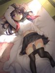  1492egg 1girl akatsuki_(kantai_collection) black_hair blanket futon kantai_collection long_hair looking_at_viewer lying midriff panties pantyhose pantyhose_pull pantyshot pillow sasachin_(k+w) skirt sleeves_past_wrists solo underwear upskirt violet_eyes wavy_mouth white_panties 