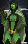  1girl alien breasts center_opening facepaint gamora gloves green_hair green_skin guardians_of_the_galaxy leotard lips long_hair marvel navel nesoun sling_bikini solo space swimsuit sword weapon 