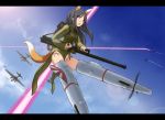  1girl absurdres aerial_battle aircraft airplane animal_ears backpack bag battle fox_ears fox_tail glasses gun highres hu_sea lens_flare letterboxed machine_gun military military_uniform nakajima_ki-49_donryuu navel neuroi panties side-tie_panties solo strike_witches striker_unit suwa_amaki tail underwear uniform weapon white_panties world_witches_series 