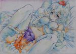  1girl animal_ears bed_sheet blush breasts colored_pencil_(medium) detached_sleeves hat highres inubashiri_momiji kitazinger lying midriff navel on_back pillow short_hair solo tail thigh-highs tokin_hat touhou traditional_media white_hair white_legwear wolf_ears wolf_tail 