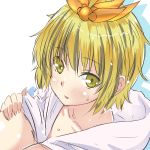  1girl blonde_hair breasts cl_(h-sys.) fang hair_ornament hand_on_own_chest large_breasts looking_at_viewer multicolored_hair parted_lips simple_background solo toramaru_shou touhou white_background yellow_eyes 