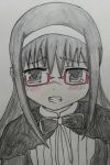  1girl absurdres akemi_homura bad_id black_hair blush clenched_teeth dress funeral_dress glasses graphite_(medium) hairband highres long_hair looking_at_viewer mahou_shoujo_madoka_magica mahou_shoujo_madoka_magica_movie monochrome niwashi red-framed_eyewear red-framed_glasses semi-rimless_glasses simple_background solo spoilers teeth traditional_media under-rim_glasses upper_body white_background 