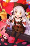  1girl :t animal_hat black_legwear blush blush_stickers bow cat_hat charlotte_(madoka_magica) cheese cherry clenched_hands collarbone cupcake drooling elbow_gloves fang fingerless_gloves food fruit fur_trim gloves hat hitsukuya long_hair magical_girl mahou_shoujo_madoka_magica mahou_shoujo_madoka_magica_movie momoe_nagisa open_mouth pantyhose polka_dot polka_dot_legwear silver_hair sitting smile solid_oval_eyes solo sparkle sparkling_eyes suspenders two_side_up very_long_hair yellow_eyes 