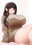  1girl bangs blush breasts brown_eyes brown_hair closed_mouth dress eyebrows_visible_through_hair female hair_over_shoulder highres hips huge_breasts large_breasts long_hair looking_at_viewer omizu_(h2o) original ribbed_sweater sitting sleeves_past_wrists smile solo sweater sweater_dress thick_thighs thighs turtleneck turtleneck_sweater wide_hips 