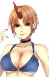  1girl alternate_hair_length alternate_hairstyle bad_id bikini_top blonde_hair collar ear_studs earrings eyeliner hiyo1827 horn hoshiguma_yuugi jewelry makeup red_eyes short_hair solo stud_earrings tongue tongue_out touhou yagura_miketa 