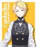  1boy absurdres artist_request bangs black_vest blonde_hair blue_eyes border character_name fire_emblem grin highres long_sleeves looking_at_viewer open_mouth original shadow shirt short_hair simple_background smile solo sweden teeth vest white_border white_shirt yellow_background 