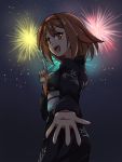  1girl :d brown_eyes brown_hair fireworks hairband japanese_clothes kakiha_makoto kakileaf kantai_collection kimono looking_at_viewer night night_sky obi open_mouth outstretched_hand sash shiratsuyu_(kantai_collection) short_hair sky smile solo yukata 