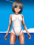  1girl bangs black_hair blue_eyes breasts competition_swimsuit covered_navel cowboy_shot erect_nipples highres looking_at_viewer ocean one-piece_swimsuit one-piece_tan original outdoors parted_bangs samejima_minoru short_hair small_breasts smile standing swimsuit tan tanline wading water wet wet_hair white_swimsuit 